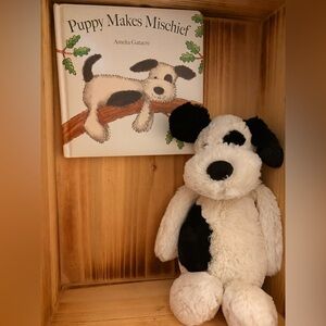 Jellycat medium bashful black and white puppy with matching book